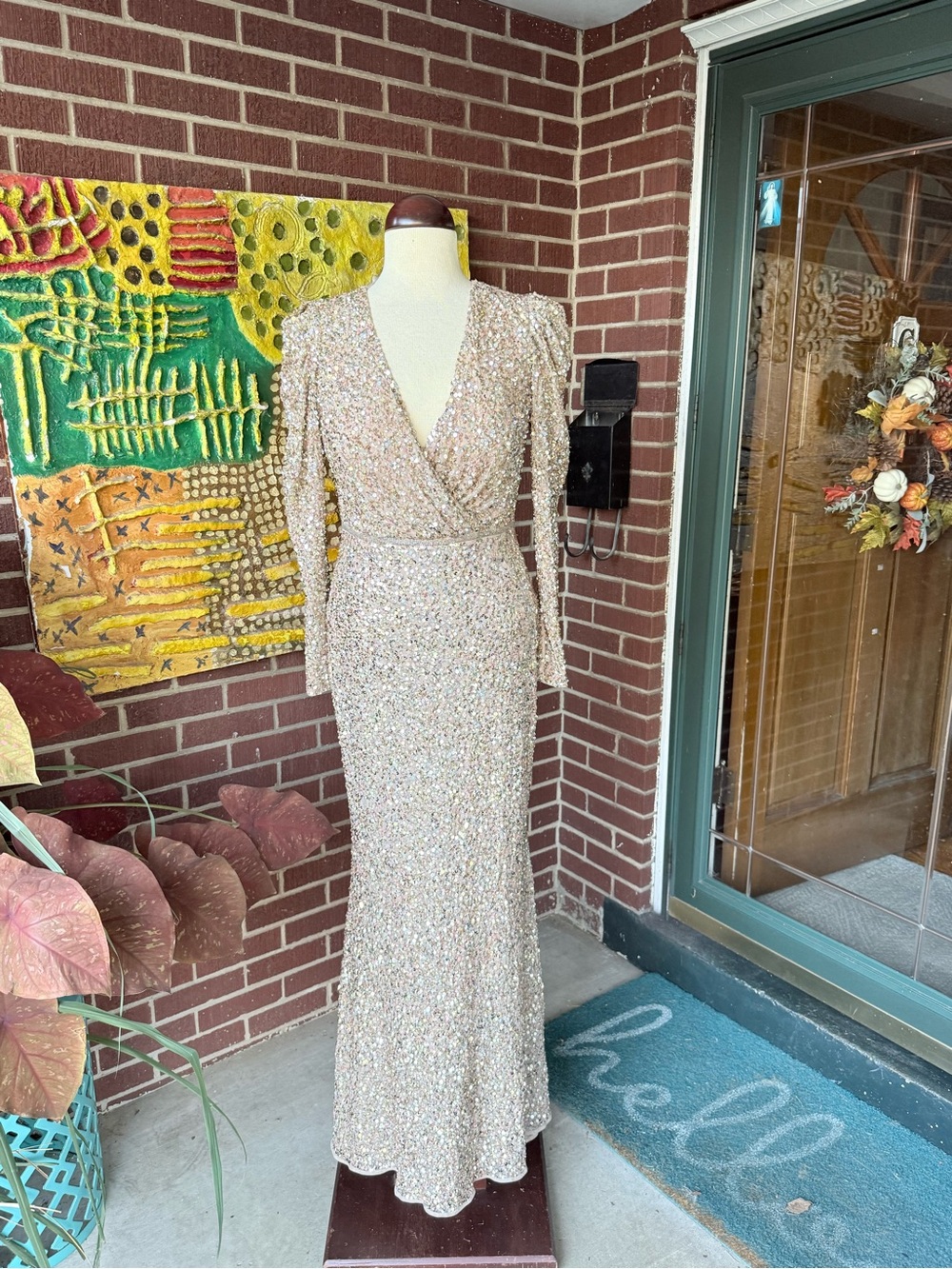 Mac Duggal Champagne Sequin Wrap-Effect Evening Gown